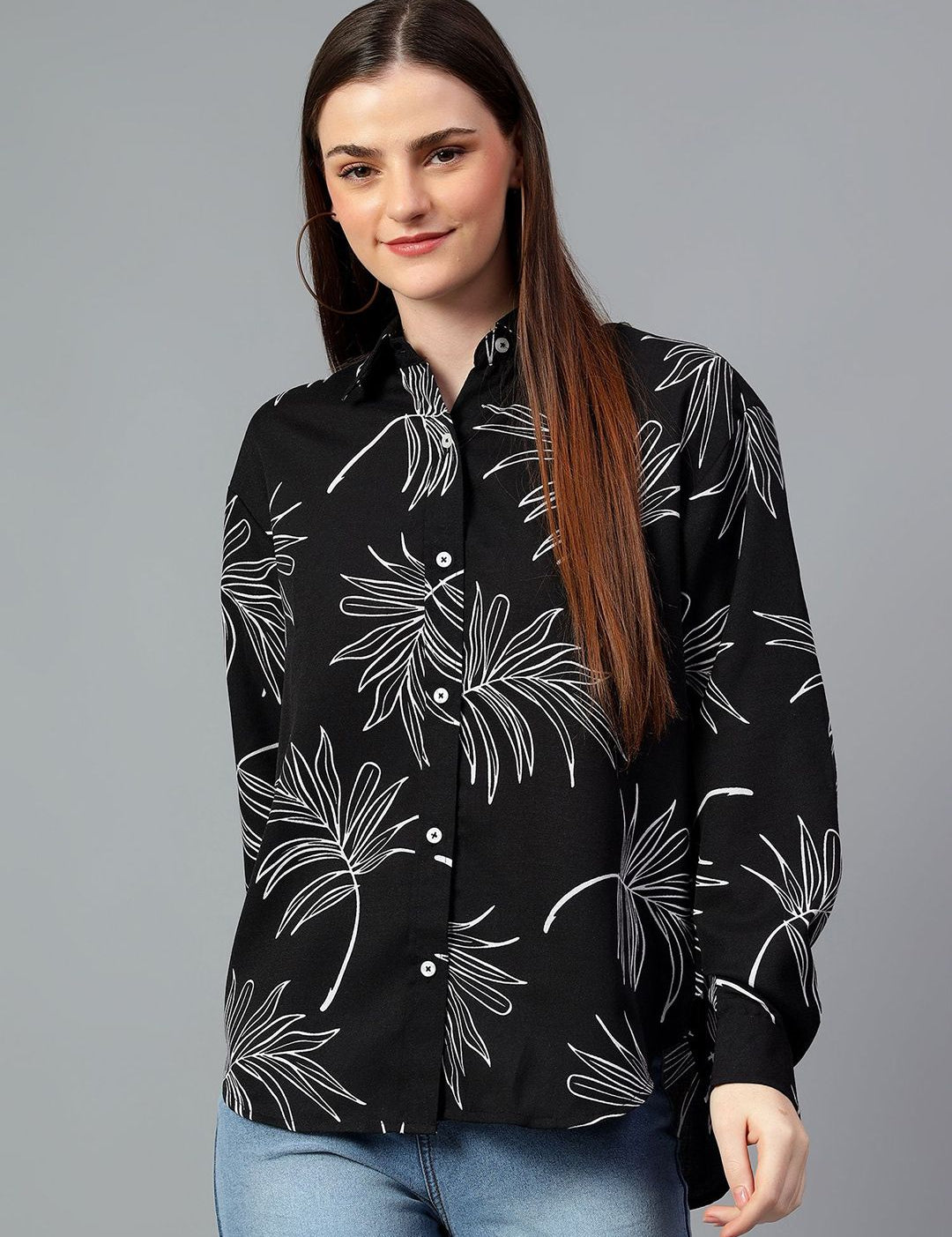 Kotty Women Comfort Spread Collar Floral Printed Cotton Oversized Casual Shirt