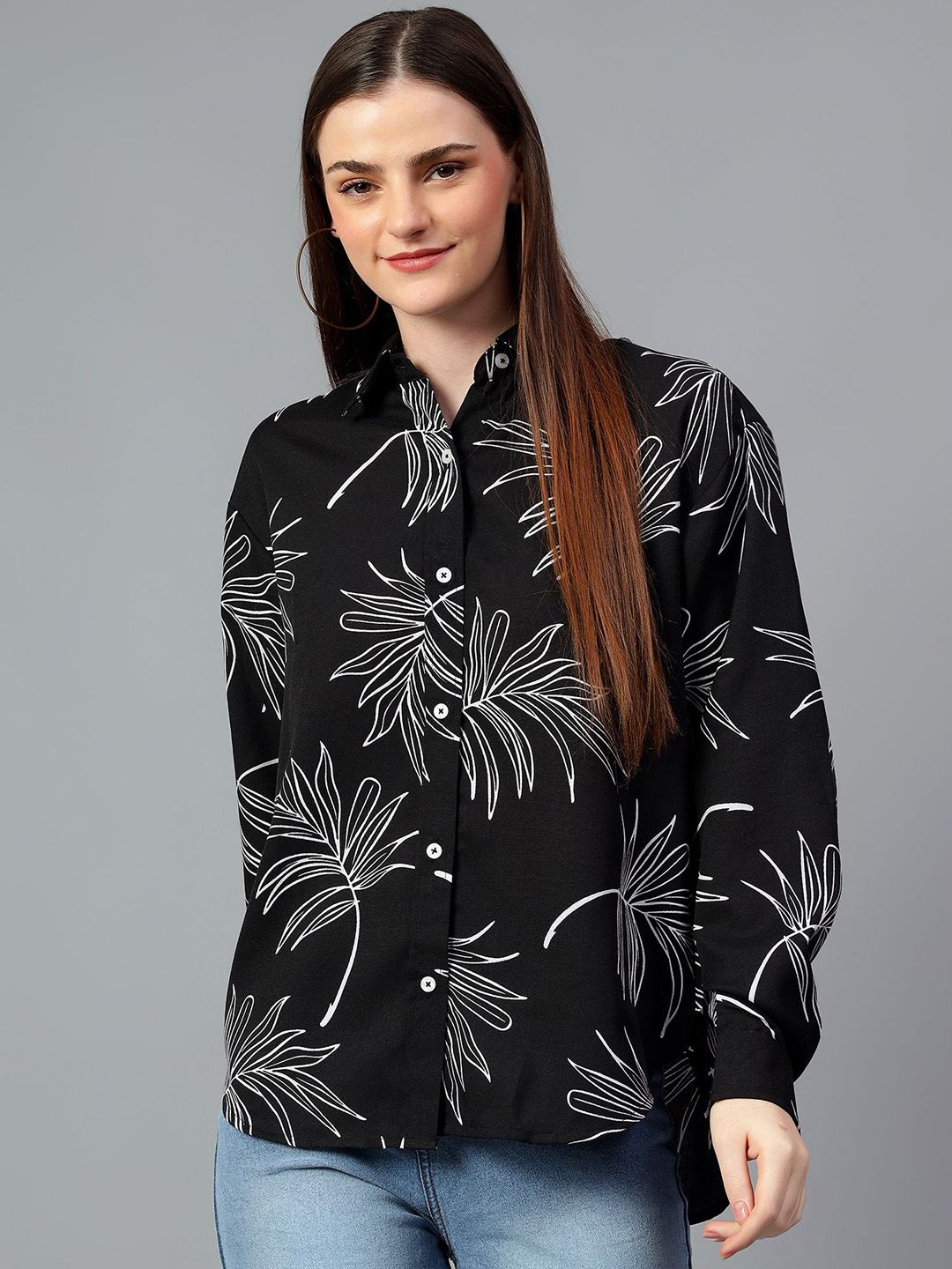 Kotty Women Comfort Spread Collar Floral Printed Cotton Oversized Casual Shirt