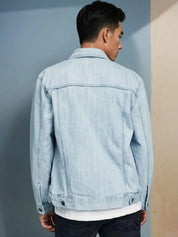 Kotty Men Spread Collar Solid Denim Jacket