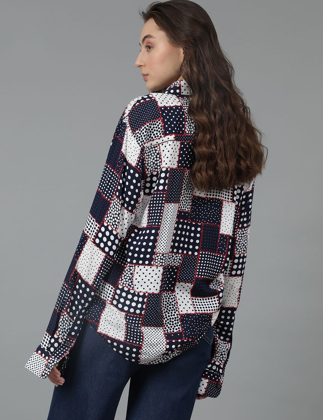 Kotty Women Spread Collar Abstract Printed Cotton Oversized Casual Shirt