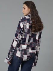 Kotty Women Spread Collar Abstract Printed Cotton Oversized Casual Shirt