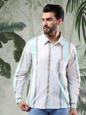 Kotty Men Spread Collar Vertical Striped Casual Shirt