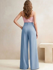 Blue Straight Fit High-Rise Trousers for Women | Kotty