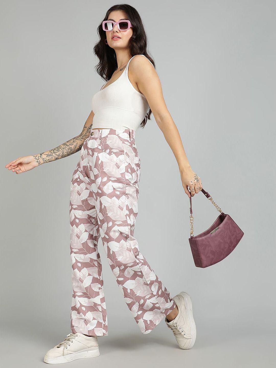 Kotty Women Cotton Floral Printed Straight Fit High-Rise Easy Wash Trousers