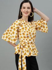 Kotty Women Floral Printed Flared Sleeve Cinched Waist Top