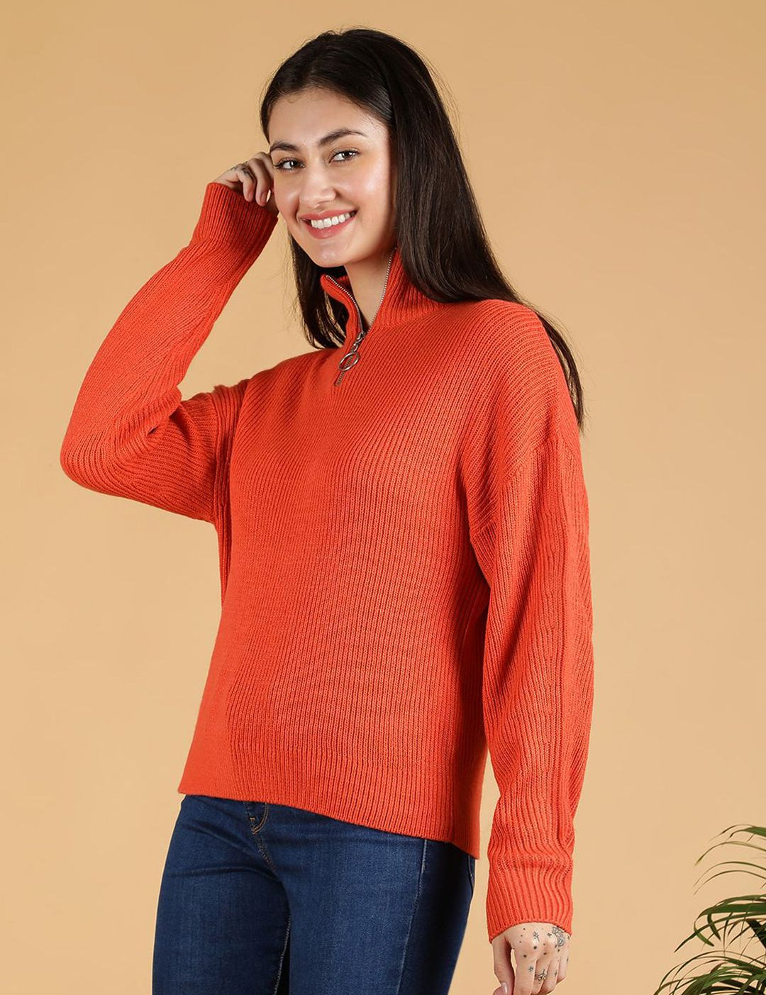 Kotty Women Half Zipper Ribbed Cotton Pullover