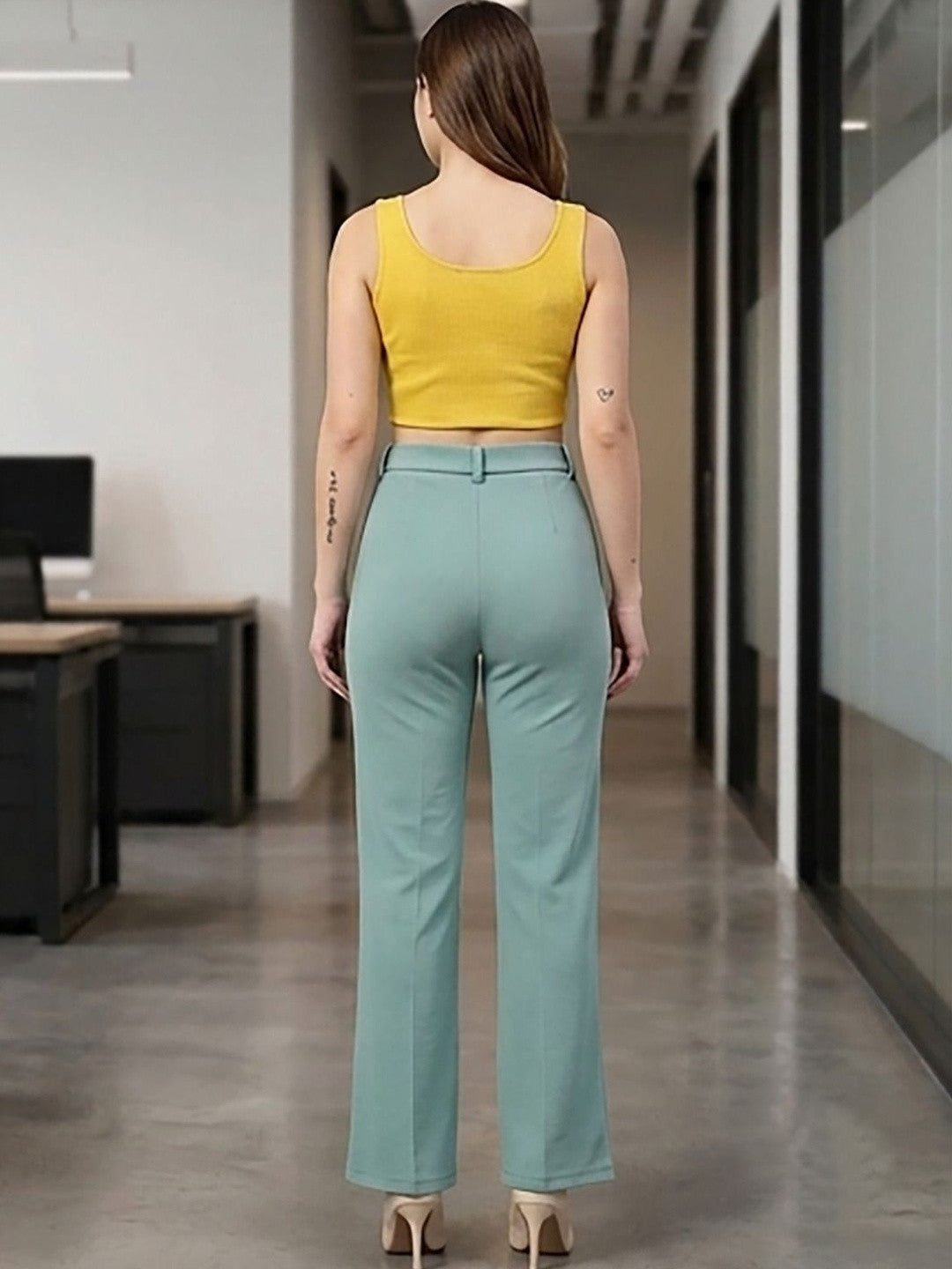 Teal Regular Fit High-Rise Trousers for Women – Modern Solid Design | Kotty