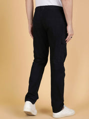 Kotty Men Regular Fit Mid-Rise Black Cargo Trousers