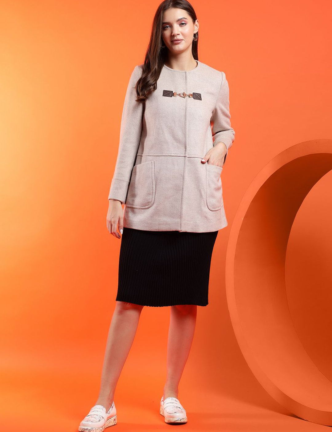 Kotty Women Solid Overcoat with Buckle Detail