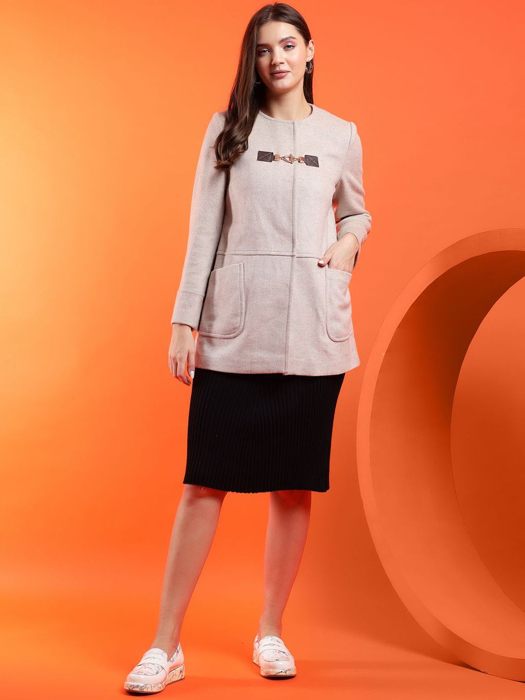 Kotty Women Solid Overcoat with Buckle Detail