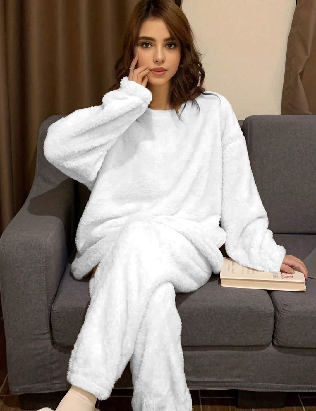 Kotty Women White Round Neck Long Sleeves Sweater & Trousers Co-Ords