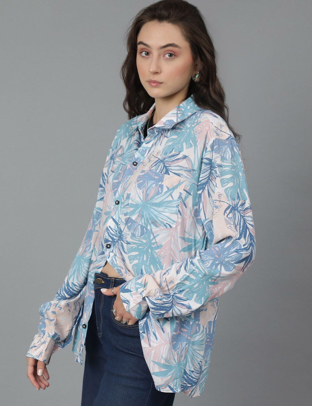 Kotty Women Spread Collar Floral Printed Cotton Oversized Casual Shirt