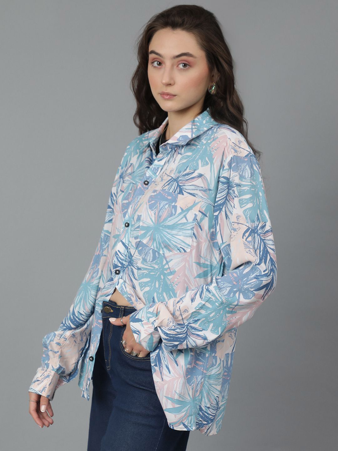 Kotty Women Spread Collar Floral Printed Cotton Oversized Casual Shirt