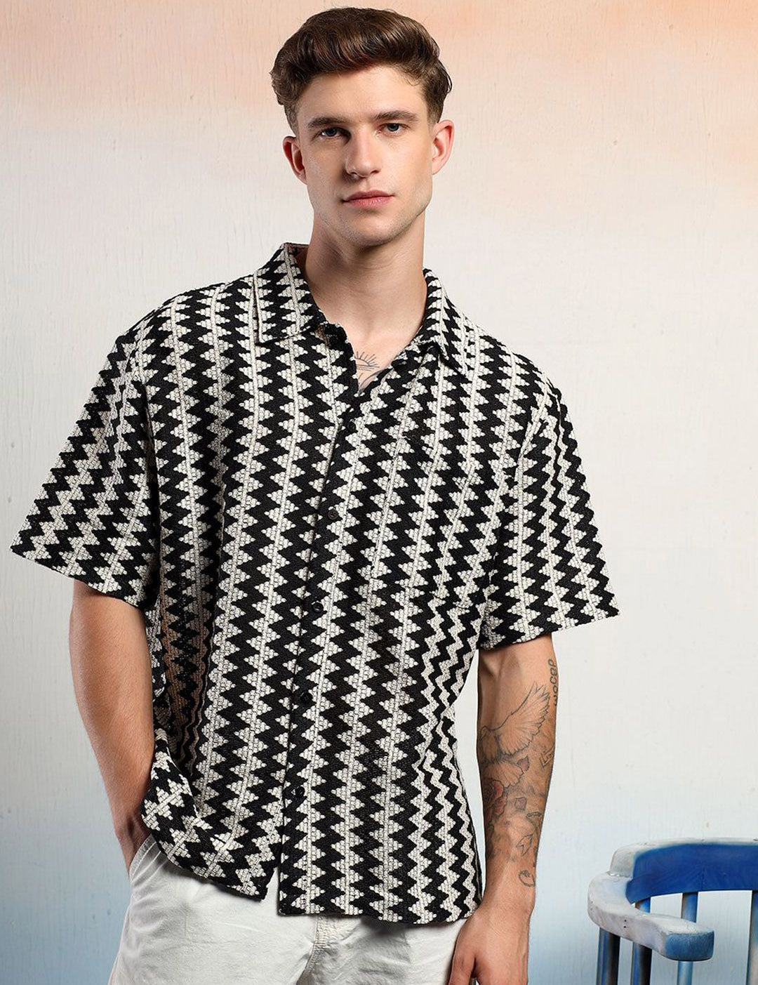 Kotty Men Sheer Striped Casual Shirt