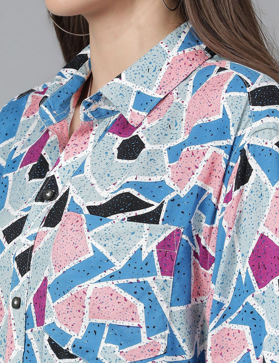 Kotty Women Spread Collar Abstract Printed Cotton Oversized Casual Shirt