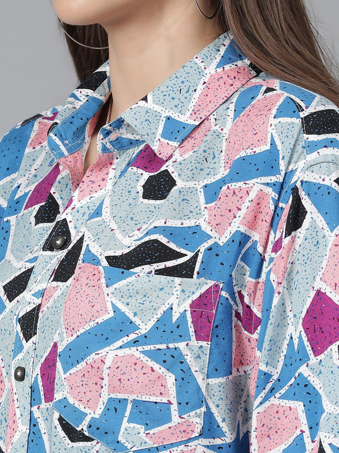 Kotty Women Spread Collar Abstract Printed Cotton Oversized Casual Shirt