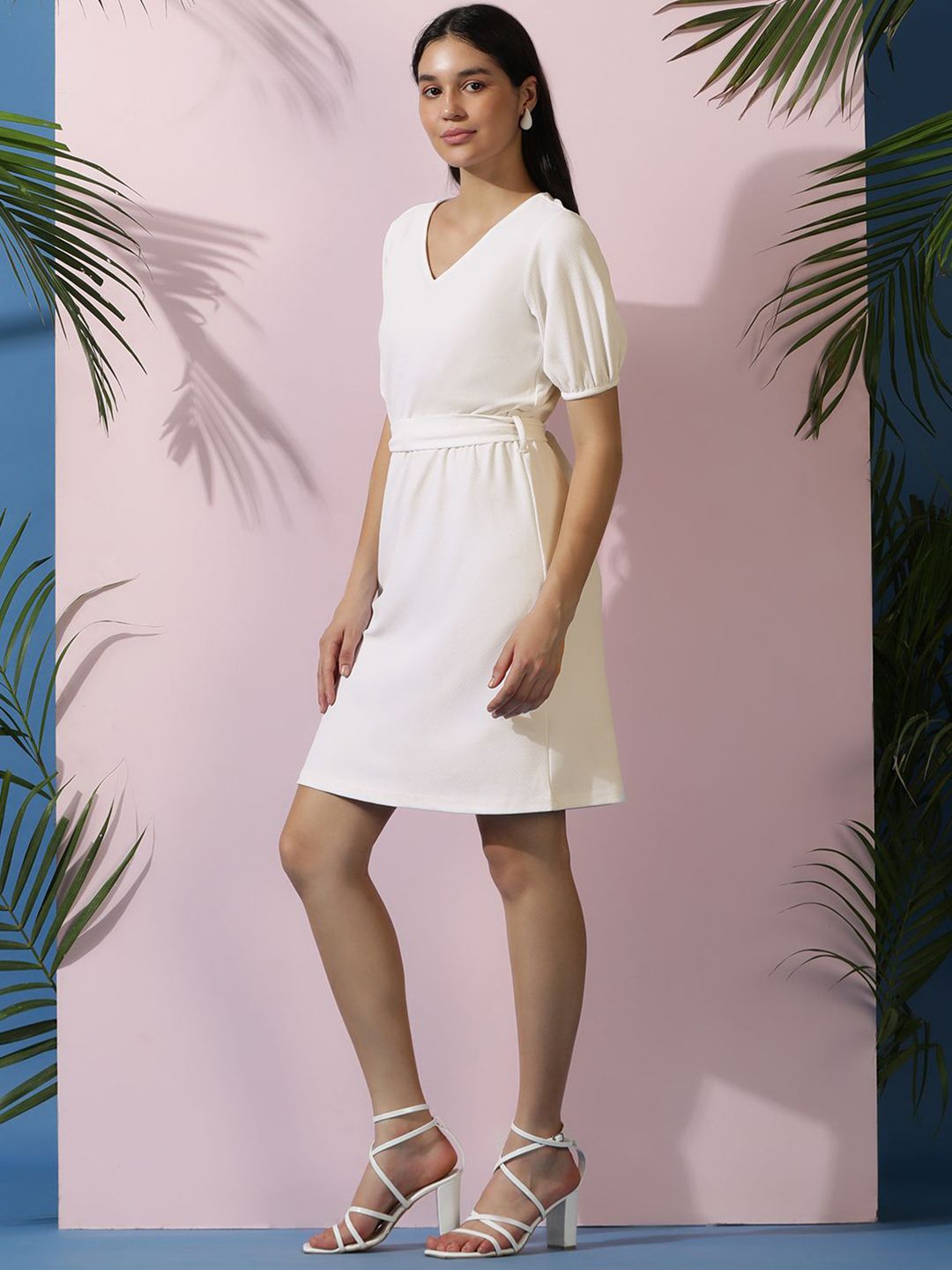 Kotty Women Solid Puff Sleeves A-Line Dress