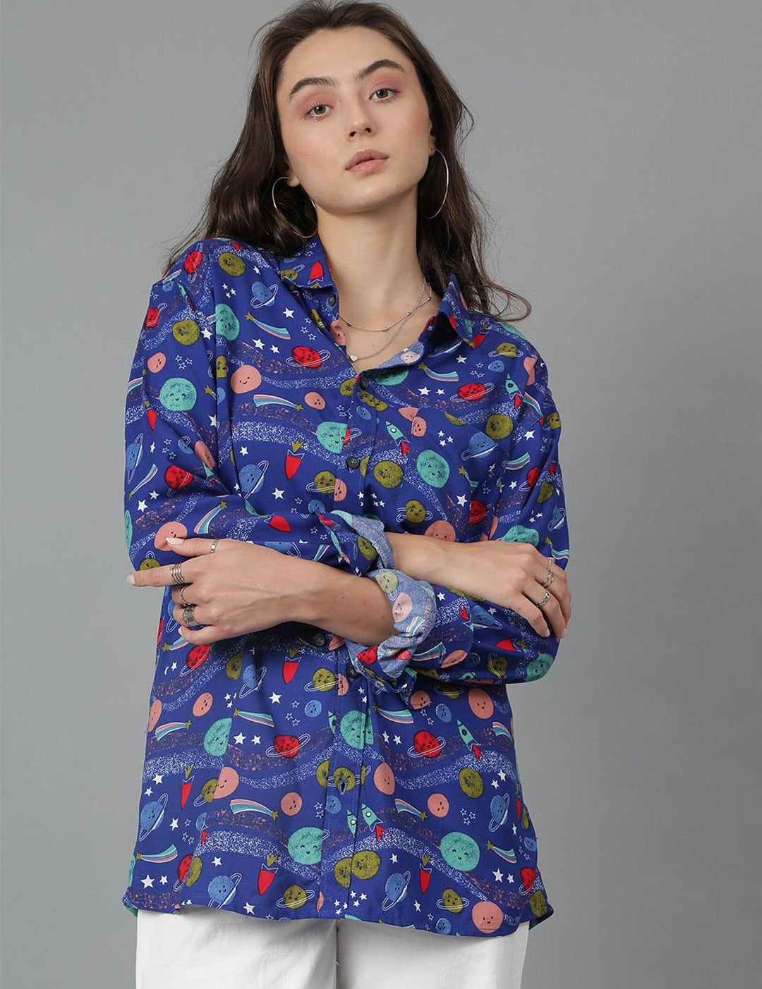 Kotty Women Spread Collar Abstract Printed Cotton Oversized Casual Shirt