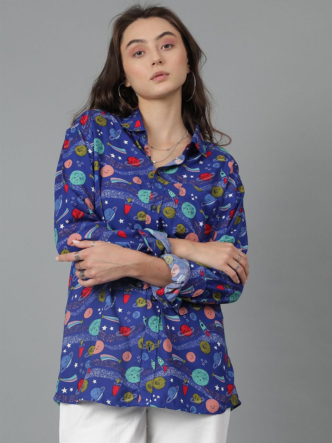 Kotty Women Spread Collar Abstract Printed Cotton Oversized Casual Shirt