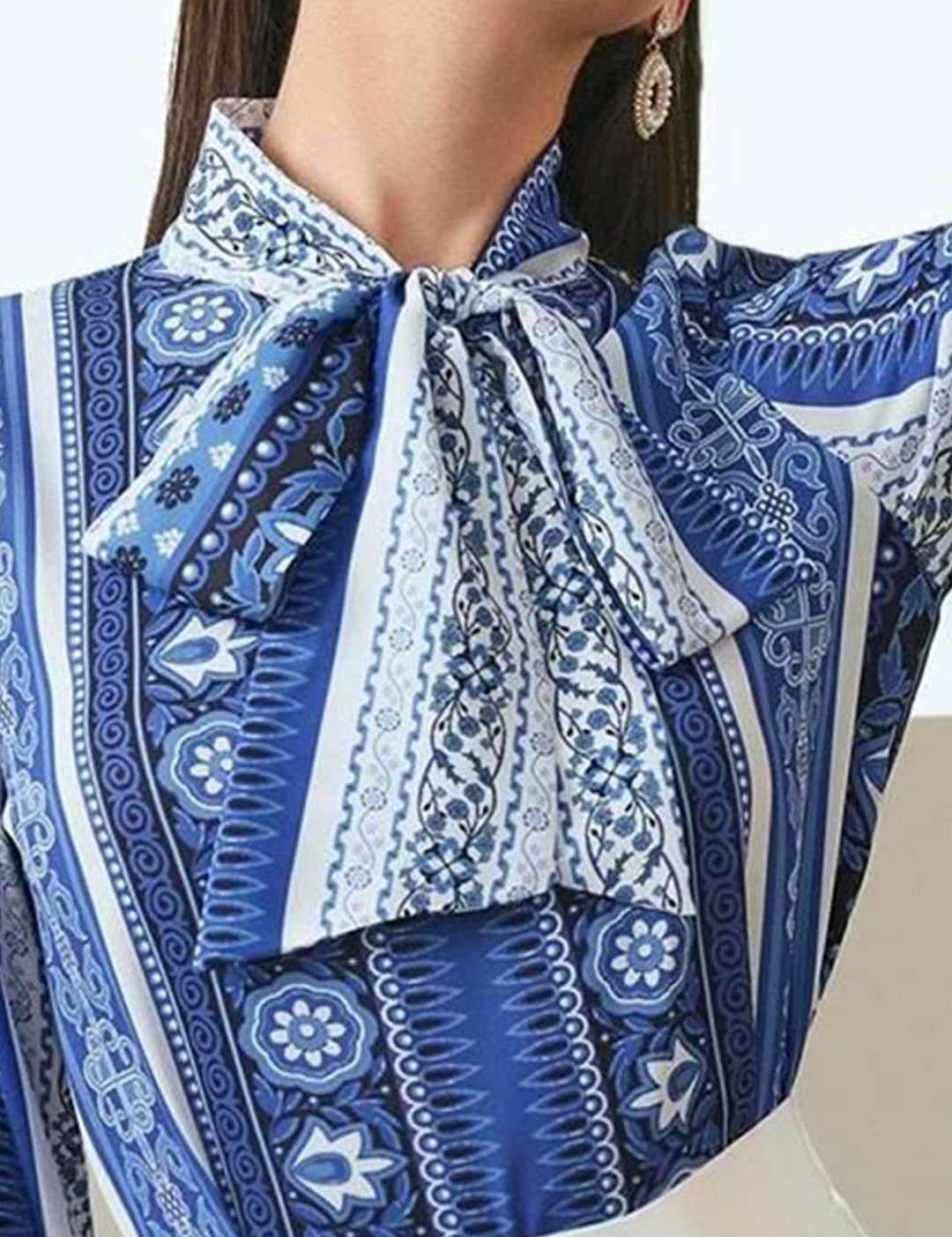 Kotty Women Printed Tie-Up Neck Long Sleeves Satin Top