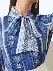Kotty Women Printed Tie-Up Neck Long Sleeves Satin Top