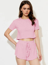 Kotty Pink Round Neck Short Sleeves Top With Shorts