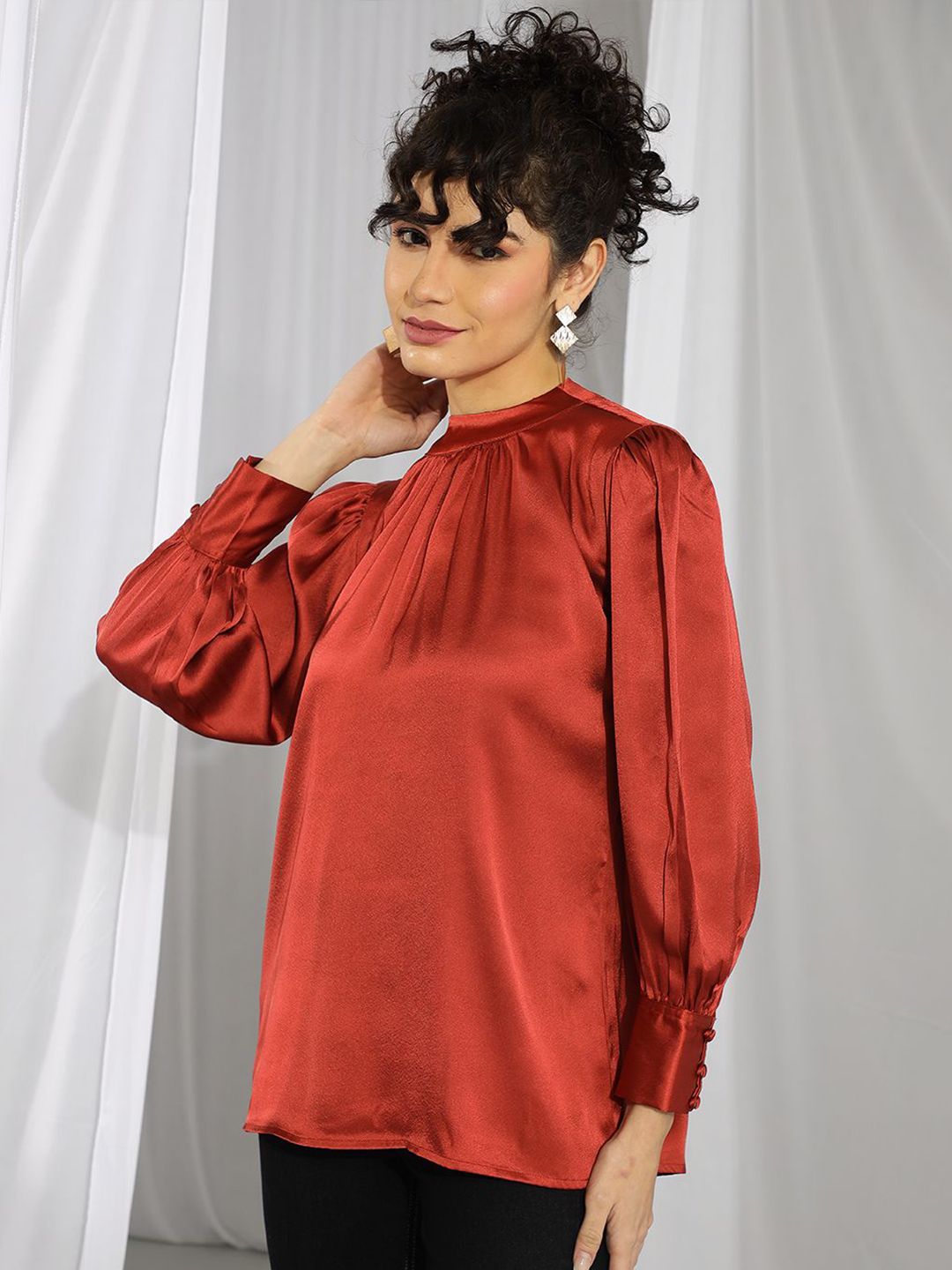 Kotty Women Satin High Neck Cuffed Sleeves Top