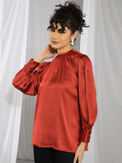 Kotty Women Satin High Neck Cuffed Sleeves Top