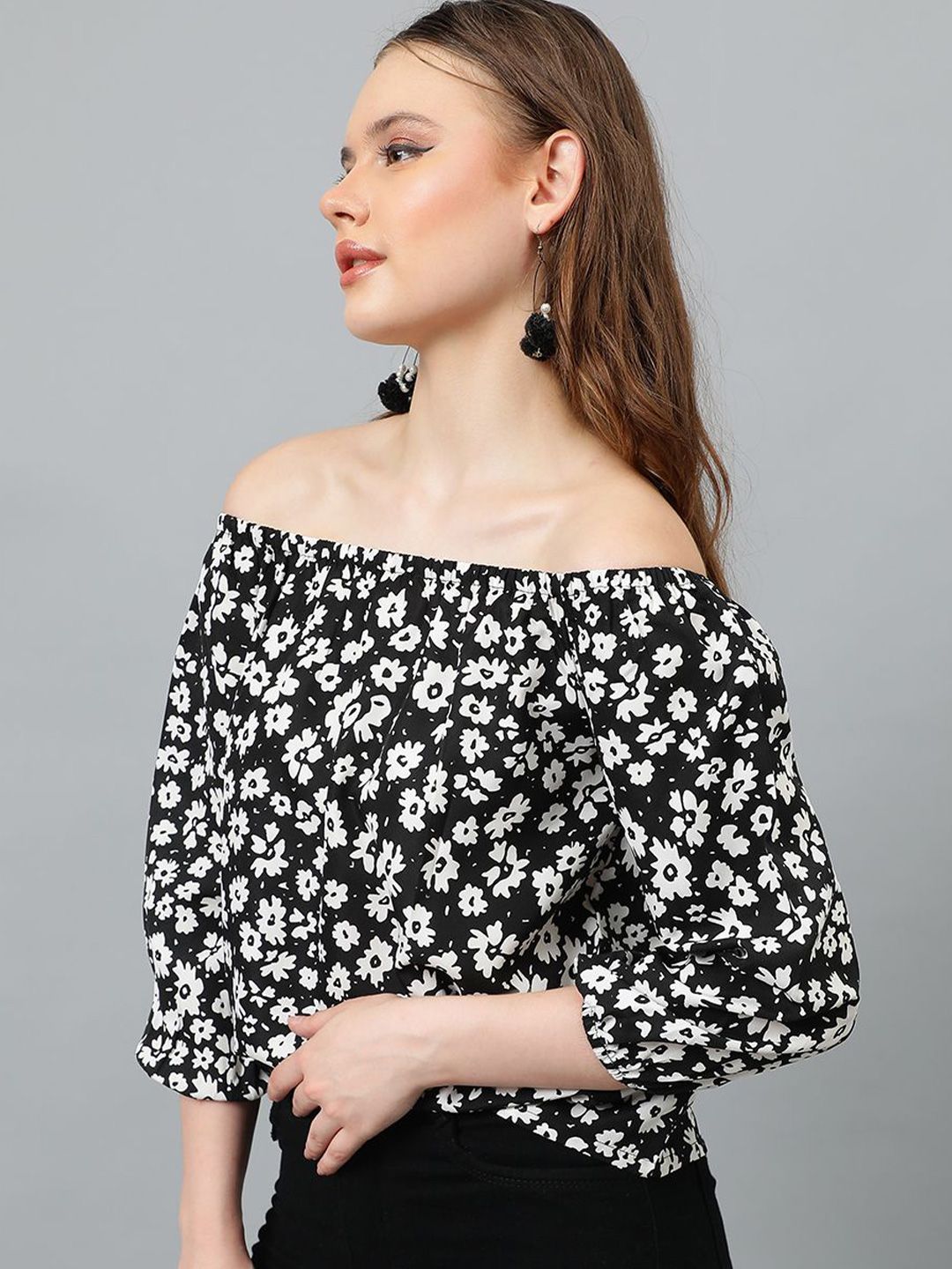 Kotty Women Floral Print Off-Shoulder Puff Sleeves Crepe Top