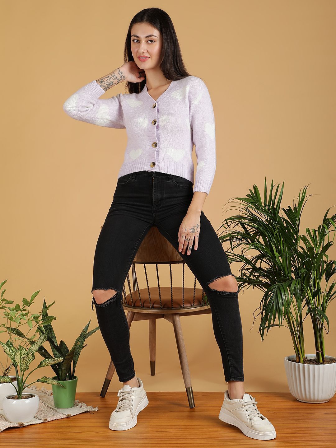 Kotty Women Printed V-Neck Long Sleeves Cardigan