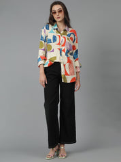 Kotty Women Spread Collar Abstract Printed Cotton Oversized Casual Shirt