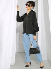 Kotty Women V-Neck Long Sleeves Satin Top