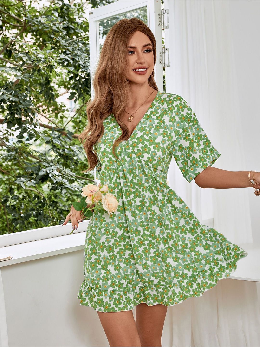 Kotty Women V-Neck Floral Printed Fit & Flare Mini Dress