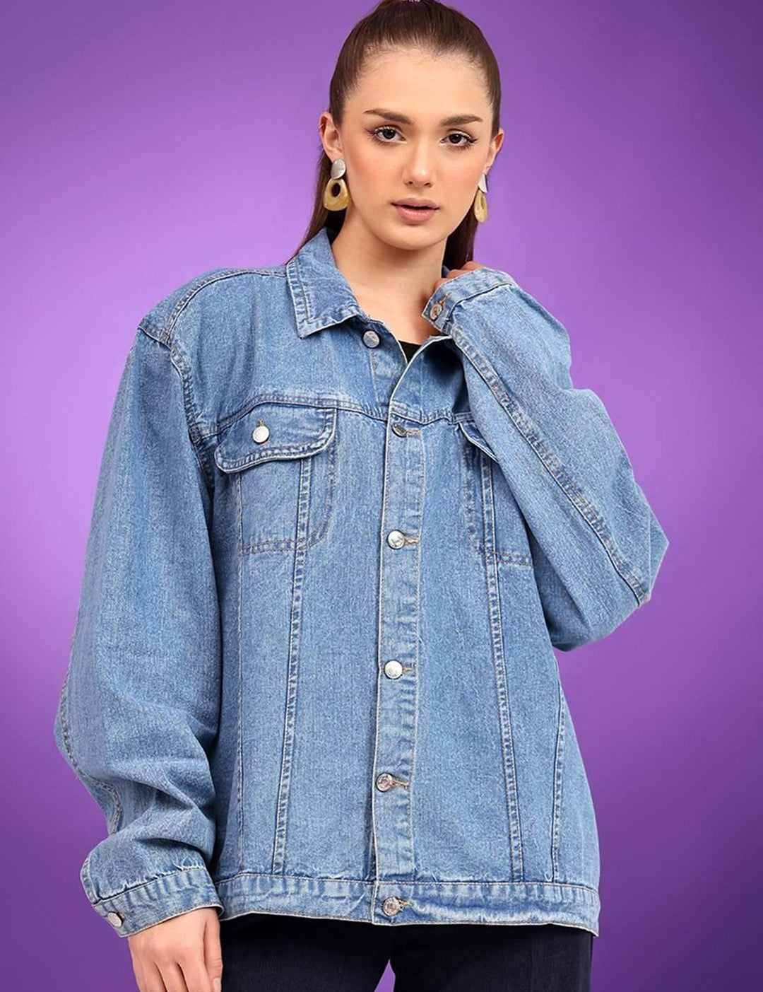 Kotty Women Spread Collar Solid Casual Denim Jacket