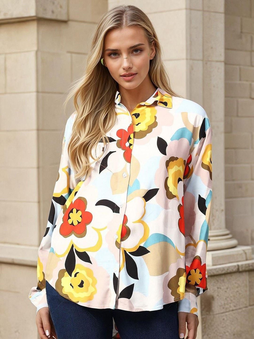 Kotty Women Spread Collar Floral Printed Cotton Casual Shirt