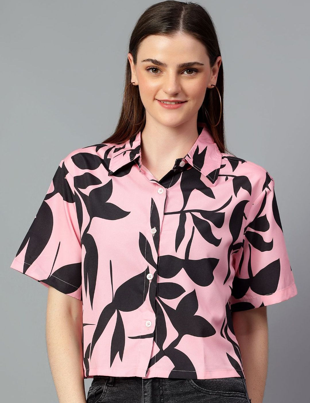 Kotty Women Comfort Spread Collar Floral Printed Crepe Oversized Casual Shirt