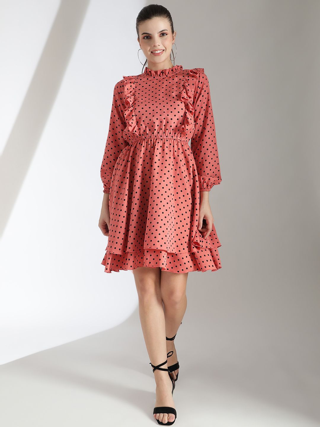 Kotty Women Polka Dots Printed Puff Sleeve Fit & Flare Dress