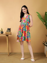 Kotty Women Print V Neck Sleeveless Above Knee Fit & Flare Dress