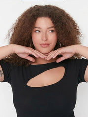 Kotty Women's Jet Black Round Neck Short Sleeve Top | Everyday Casual Wear