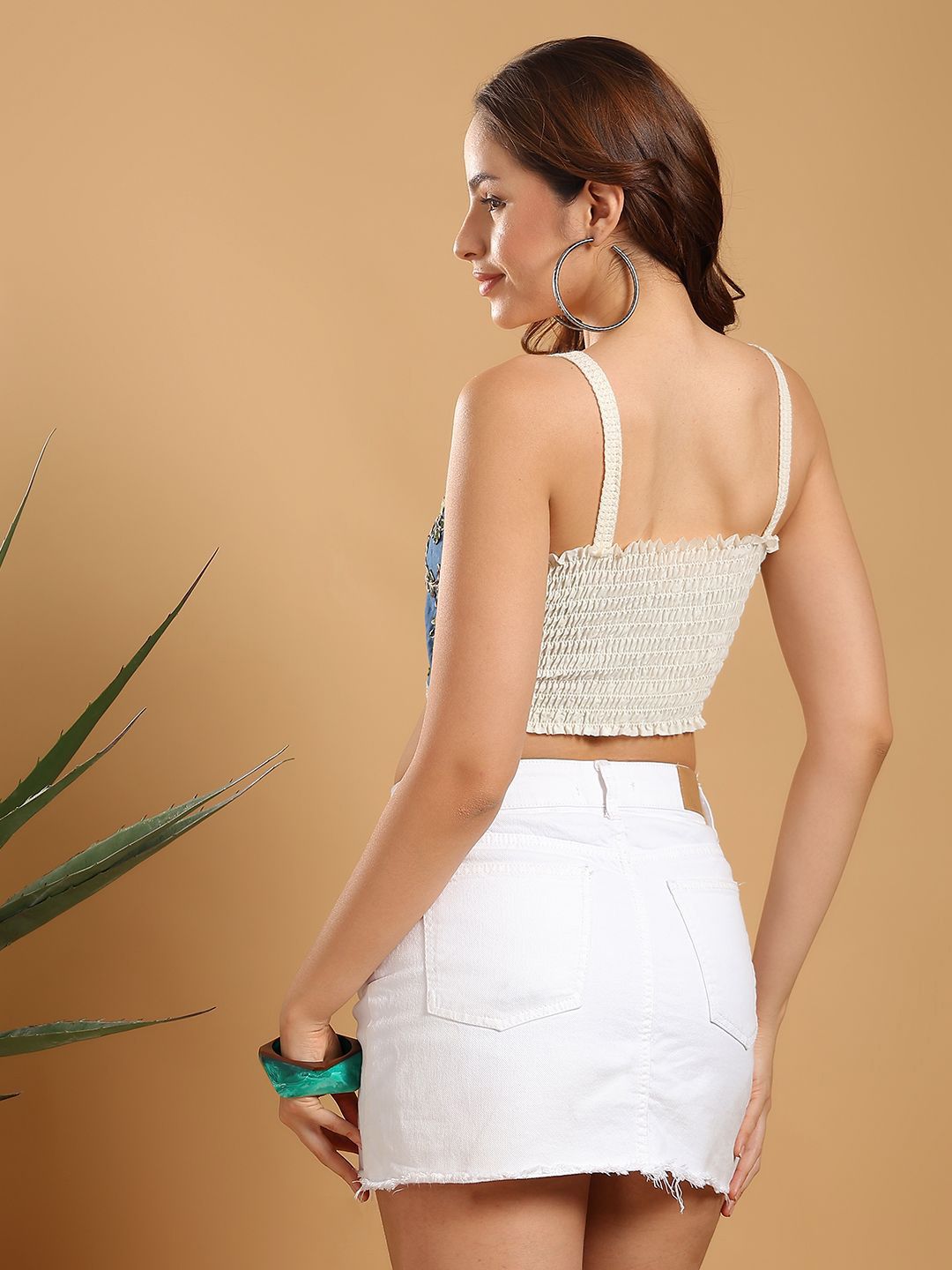 Kotty Women Self Design V-Neck Crochet Cotton Crop Top