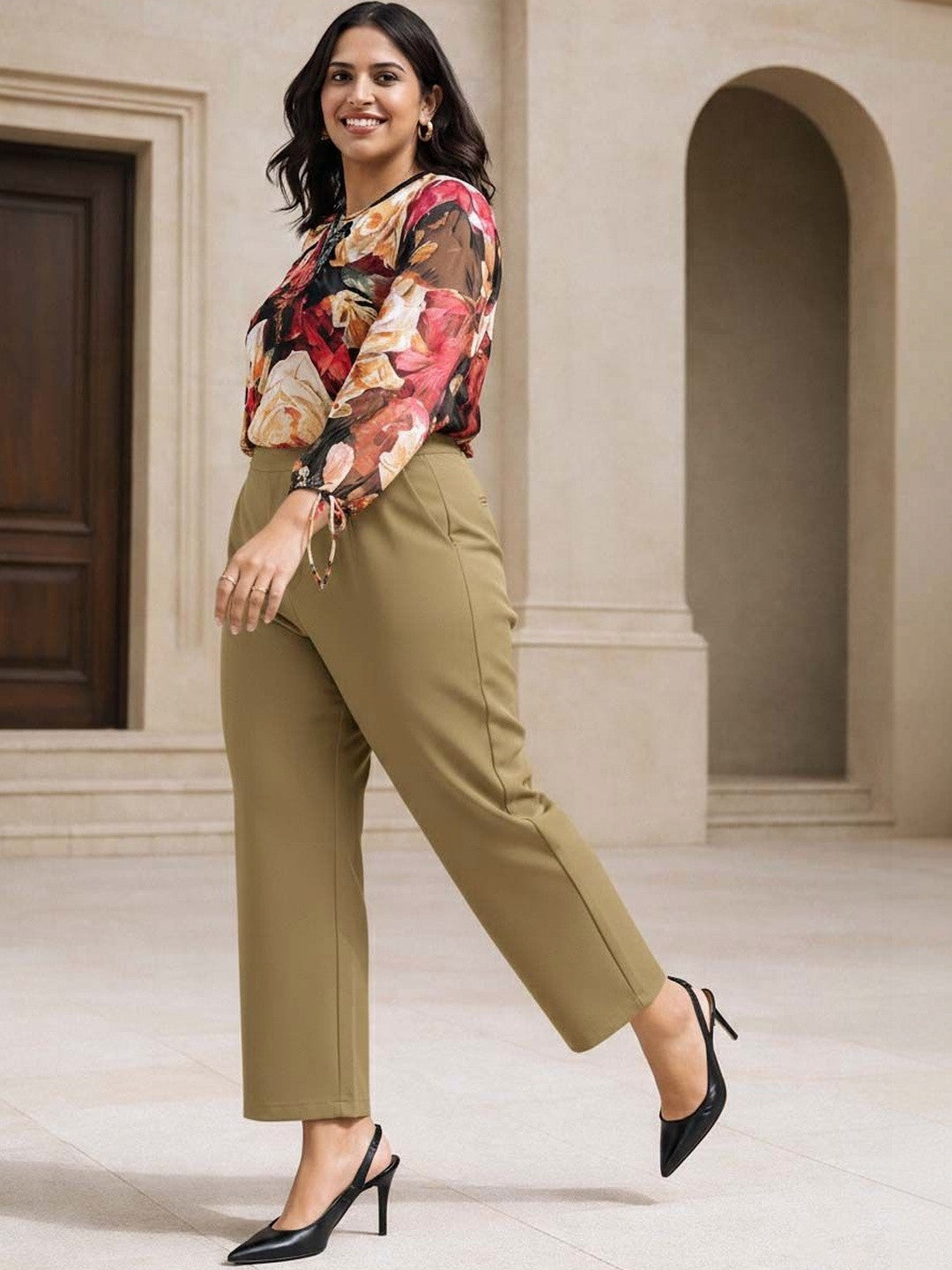 Brown Regular Fit High-Rise Pants for Women – Elegant Solid Design | Kotty