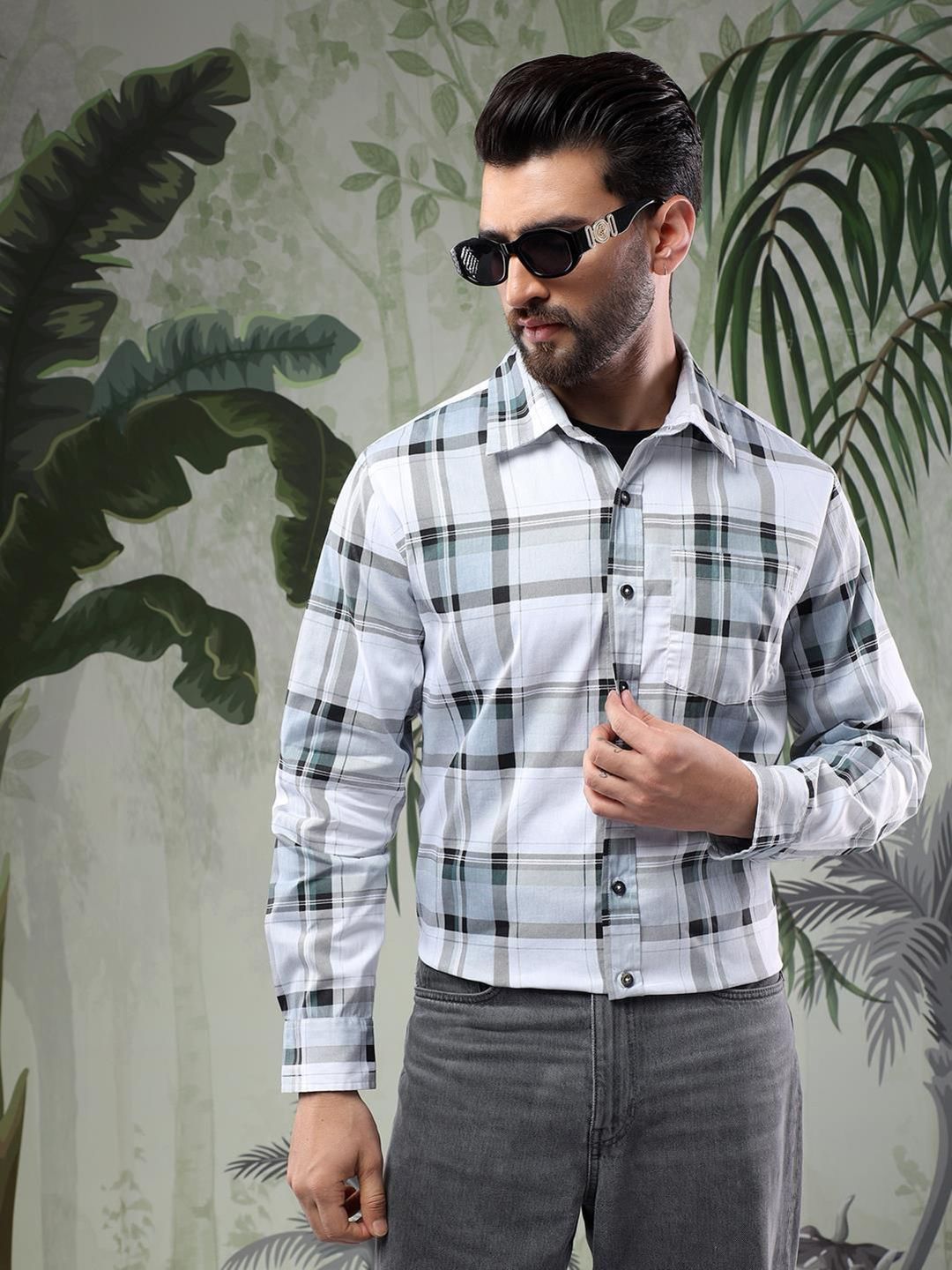 Kotty Men Spread Collar Tartan Checked Casual Shirt