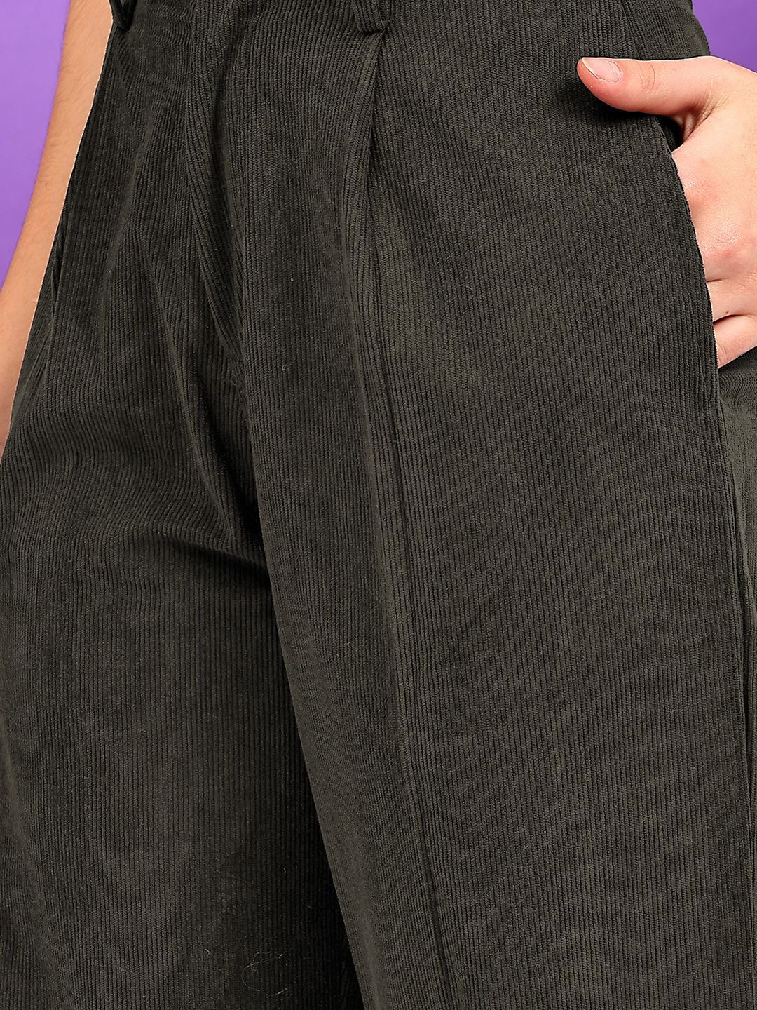 Kotty Women Loose Fit High-Rise Corduroy Pleated Trousers