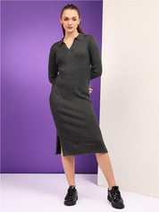 Kotty Women Shirt Collar Cotton Midi Jumper Dress