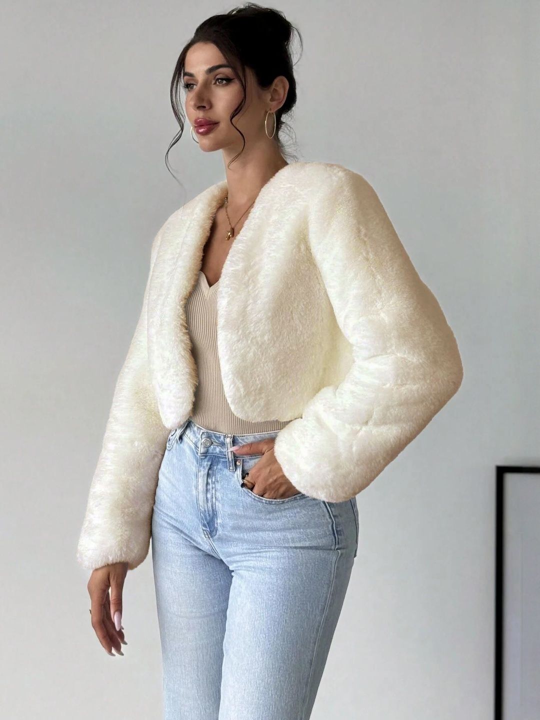 Kotty Women Woollen Crop Open Front Jacket