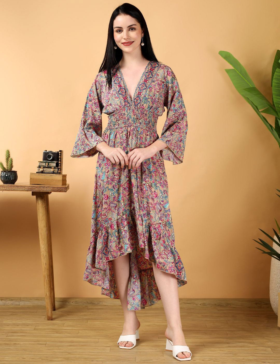 Kotty Printed V-Neck High-Low Hem Empire Midi Dress