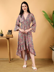 Kotty Printed V-Neck High-Low Hem Empire Midi Dress