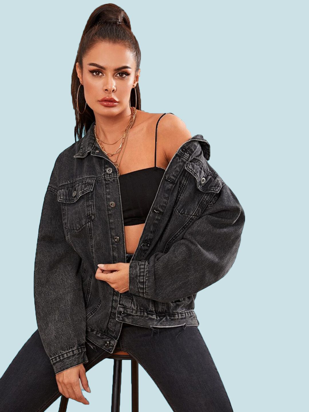 Kotty Women Spread Collar Washed Self Design Cotton Casual Denim Jacket