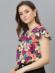 Kotty Floral Print Flutter Sleeve Crepe Wrap Top