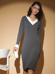 Kotty Women Solid V-Neck A-Line Midi Dress